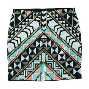 Express Womens Mini Skirt Sequin Tribal Print Geometric Aztec Pink Green Black S